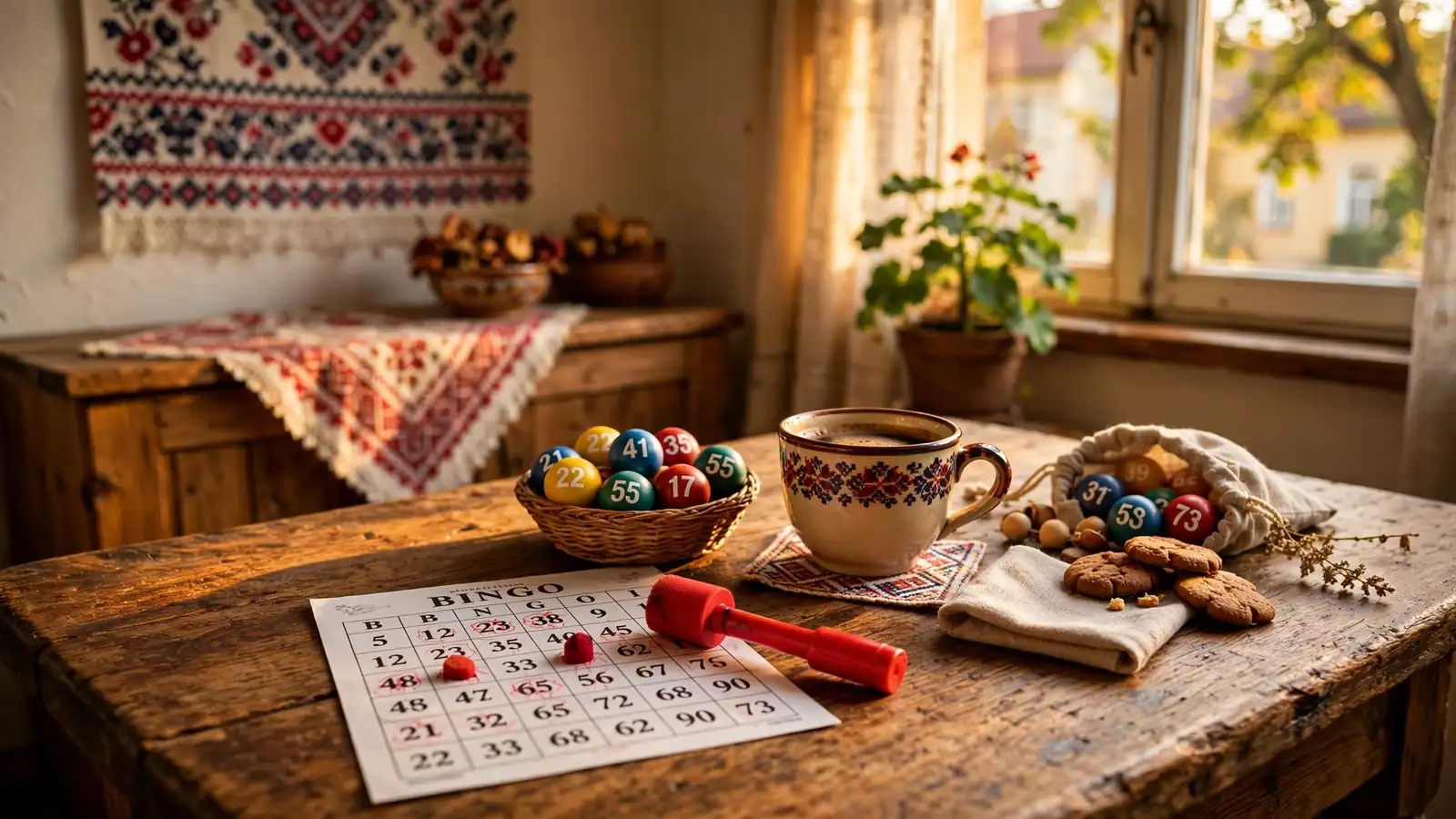 Klasyczne karty bingo i kolorowe kule na drewnianym stole w polskim wnętrzu