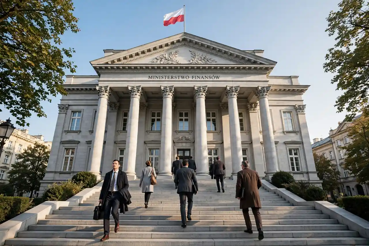 Neoklasyczny budynek ministerstwa z polską flagą na szczycie