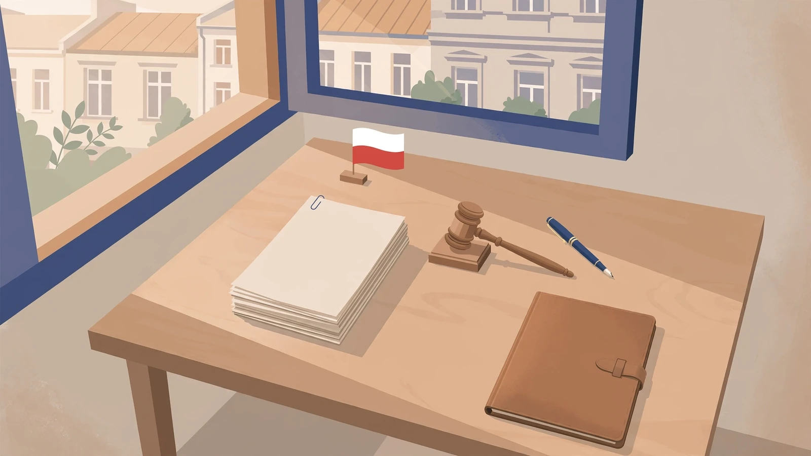Biurko z dokumentami prawnymi, młotkiem sędziowskim i polską flagą w stylu korporacyjnym