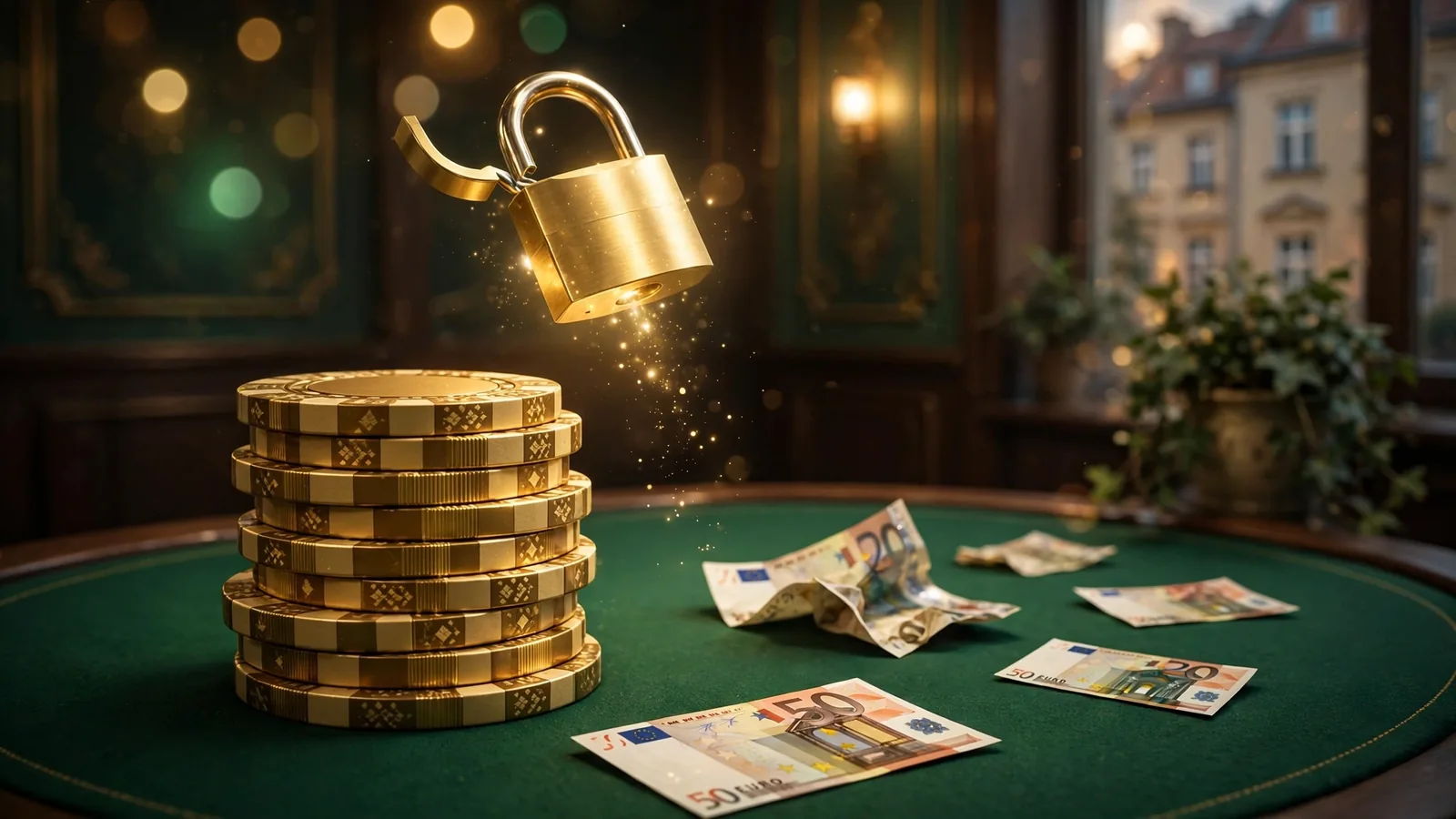 Stos złotych żetonów kasynowych z otwartą kłódką symbolizującą bonus bez obrotu