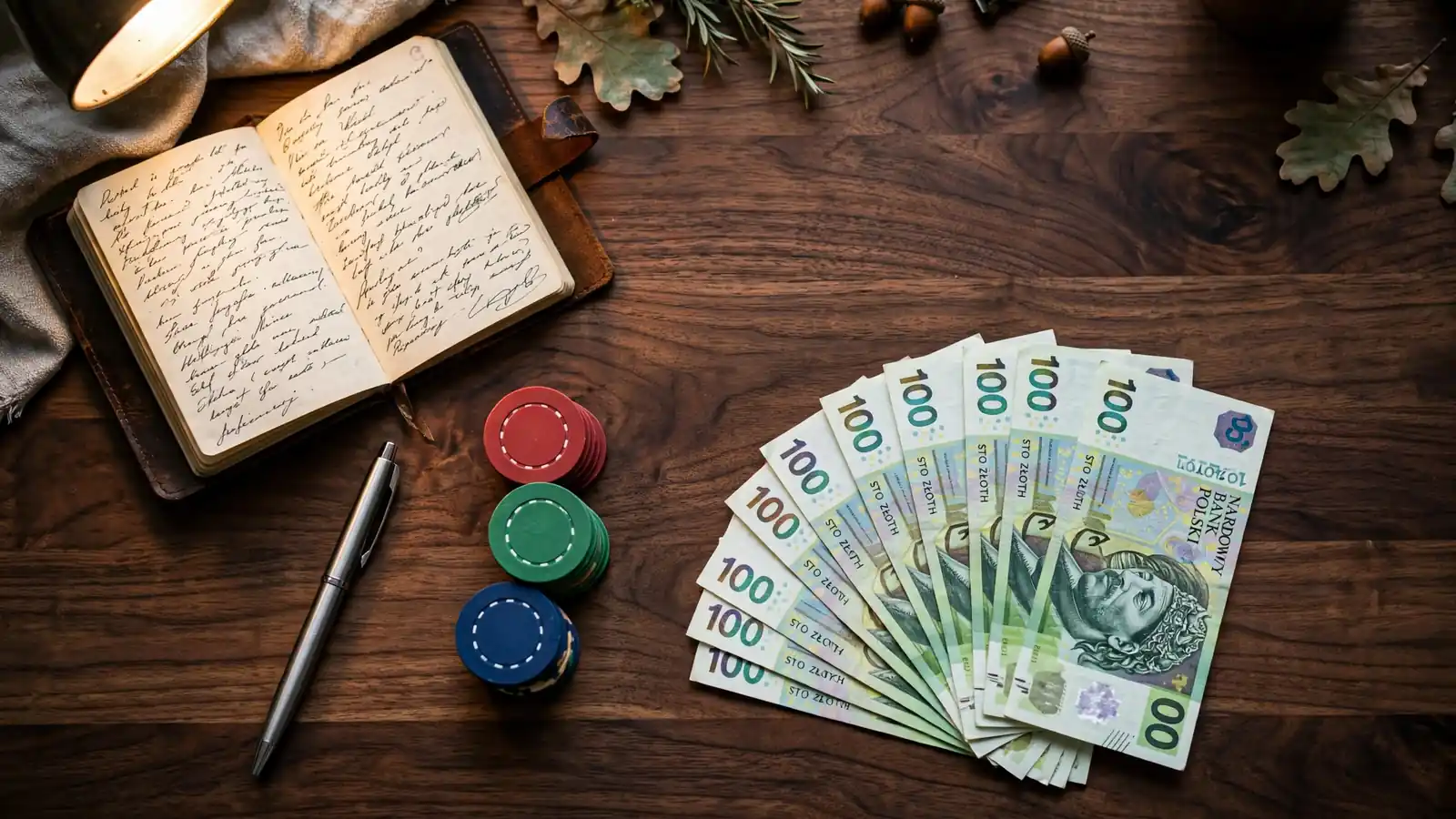Polskie banknoty, żetony kasynowe i notatnik na biurku, symbolizujące rozliczenie podatku od wygranej
